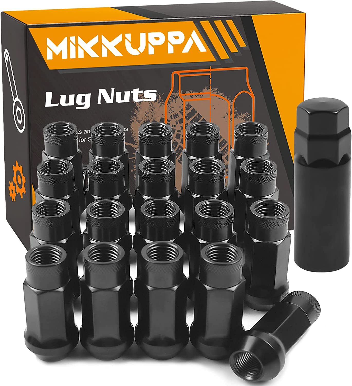 MIKKUPPA 14mm x 1.5 Wheel Spike Lug Nuts, 24 x M14x1.5 Lug Nut,  Cone/Conical Bulge Seat, Black Closed End Nuts with 1 Socket Key for Chevy  Silverado