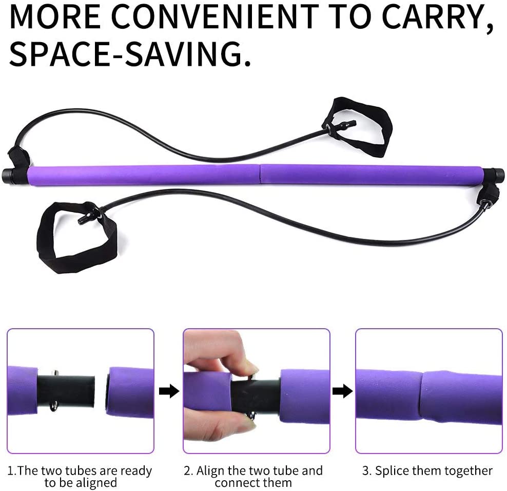 SPOCAMP Pilates Bar Kit with Adjustable Resistance Band, Portable Home Gym Workout Package and Toning Bar Exercise Stick Yoga with Foot Loop for Total Body Workout (Purple)