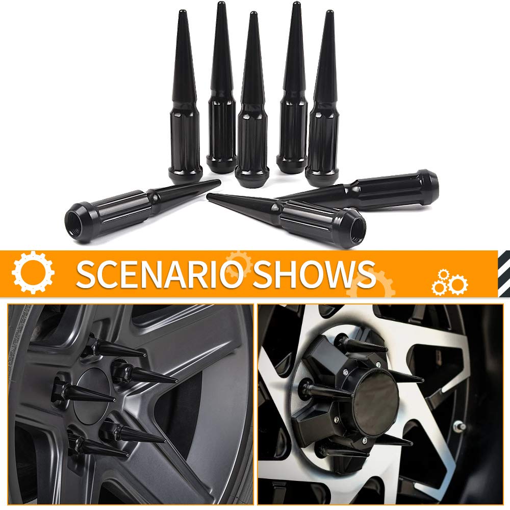 MIKKUPPA M14x1.5 Wheel Spike Black Lug Nuts, 32pcs Black Spike Lug Nuts 14mmx1.5 Solid 4.4" Tall Acorn Lug Nut with 1 Socket Key Replacement for Chevy Silverado 1500 2500 3500, F-150 F-250 F-350