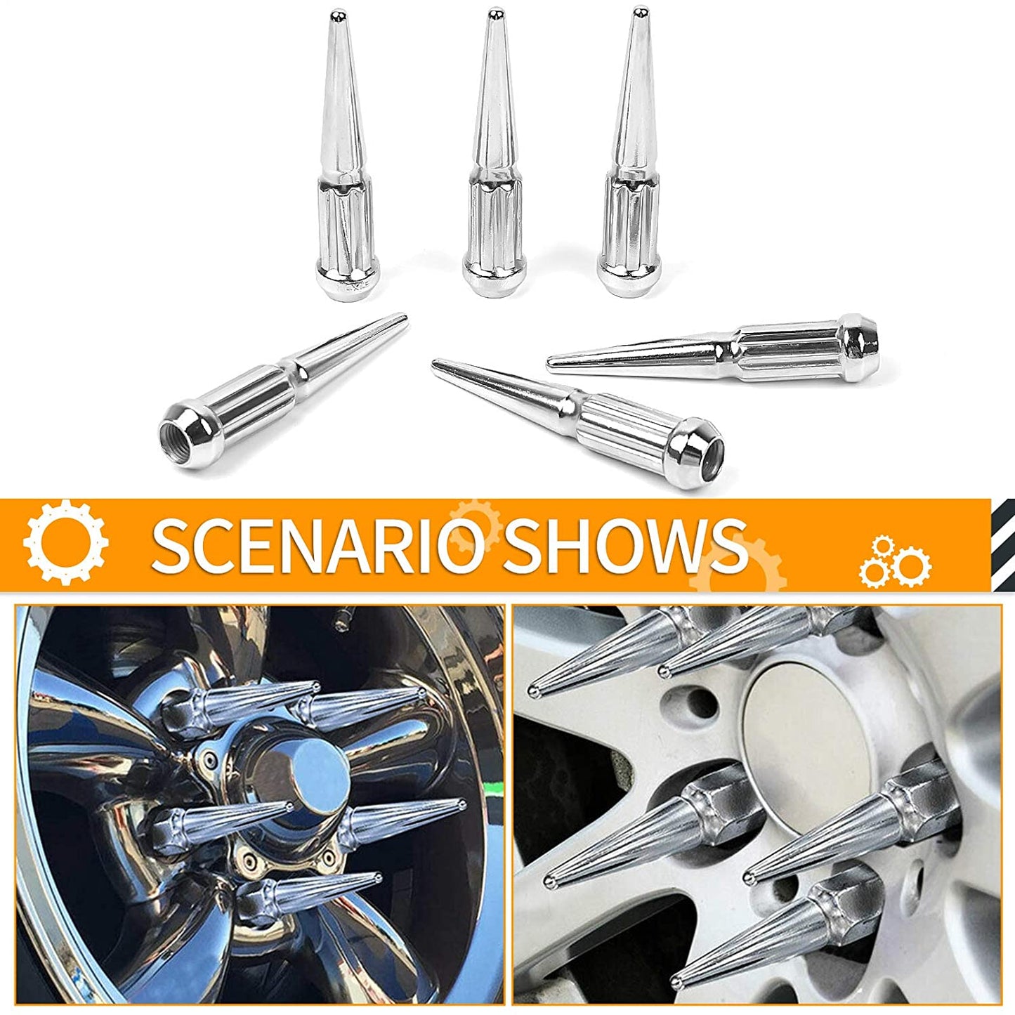 MIKKUPPA M14x1.5 Wheel Spike Lug Nuts - 32pcs Chrome Spiked Lug Nuts 14x1.5 Solid 4.4" Tall Acorn Lug Nut with 1 Socket Key Replacement for Chevy Silverado 1500 2500 3500, F-150 F-250 F-350