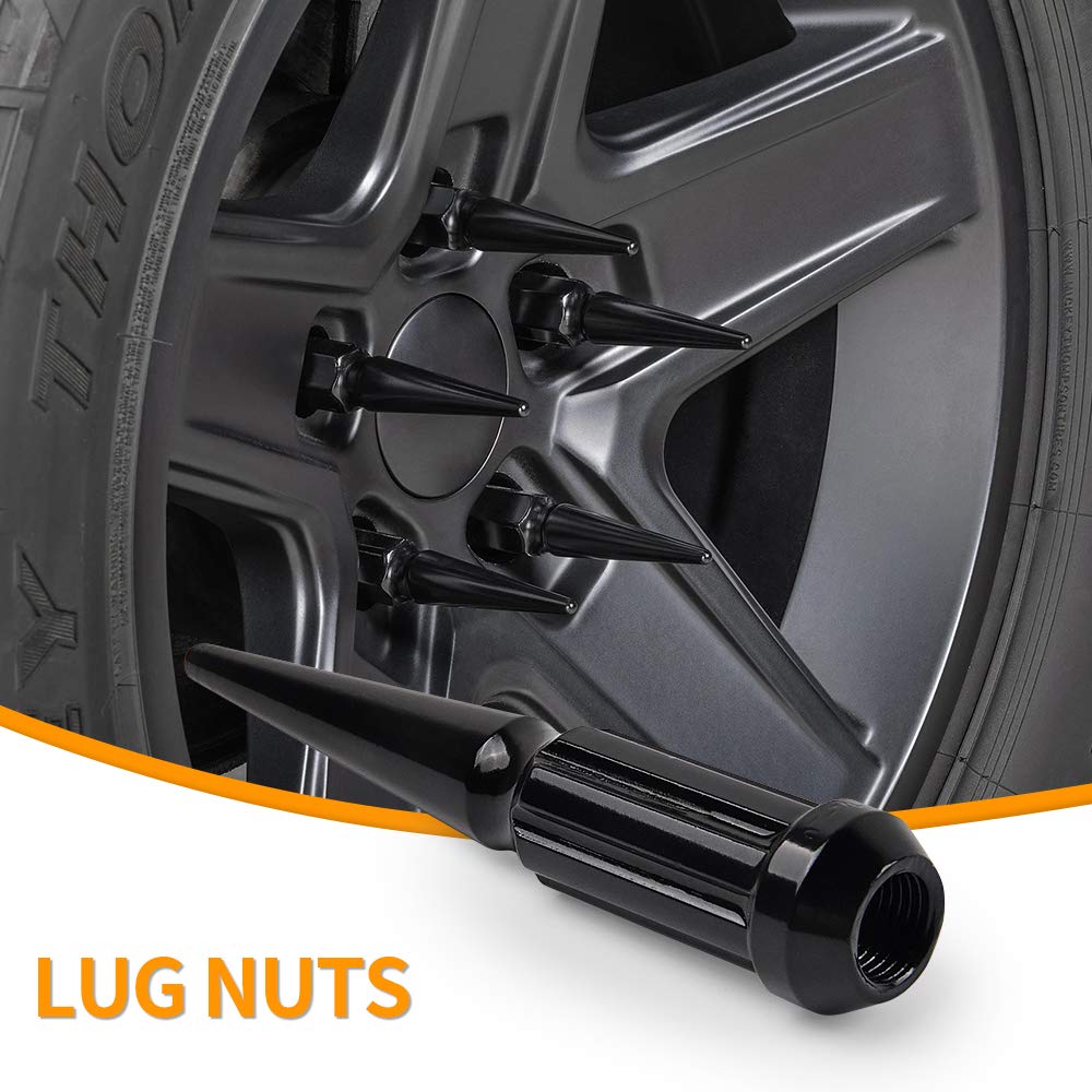 MIKKUPPA M14x1.5 Wheel Spike Lug Nuts, 24pcs Black Spike Lug Nuts 14mmx1.5 Solid 4.4" Tall Acorn Lug Nut with 1 Socket Key Replacement for Chevy Silverado 1500 2500 3500, F-150 F-250 F-350
