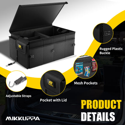 MIKKUPPA Car Trunk Organizer - Collapsible Trunk Organizer Sturdy Trunk Storage Organizers Car Trunk Organizer with Lid, for SUV Auto Truck Van with Adjustable Straps and Non Slip Bottom (Black)