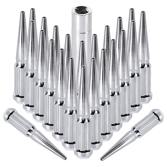 MIKKUPPA M14x1.5 Wheel Spike Lug Nuts, 24pcs Chrome Spike Lug Nuts 14x1.5 Solid 4.4" Tall Acorn Lug Nut with 1 Socket Key Replacement for Chevy Silverado 1500 2500 3500, F-150 F-250 F-350