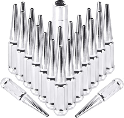 MIKKUPPA 14 mm x 1.5 Wheel Spike Lug Nuts, 24 x Chrome M14x1.5 Lug Nut, Cone/Conical Bulge Seat, MIKKUPPA Silver Closed End Nuts with 1 Socket Key for Silverado Aftermarket Wheel