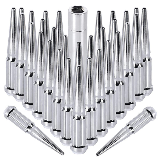 MIKKUPPA M14x1.5 Wheel Spike Lug Nuts - 32pcs Chrome Spiked Lug Nuts 14x1.5 Solid 4.4" Tall Acorn Lug Nut with 1 Socket Key Replacement for Chevy Silverado 1500 2500 3500, F-150 F-250 F-350