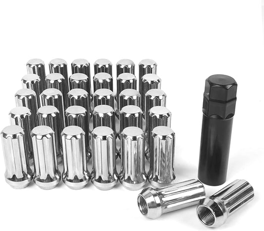 MIKKUPPA 32PCS 9/16-18 Lug Nuts - 7/8" Hex, 2" Tall, 0.91" Wide - Replacement for 2002-2010 Dodge Ram 1500, 1994-2010 Dodge Ram 2500, 2015-2017 Ford F-150 Aftermarket Wheel - Chrome Splined Lug Nuts