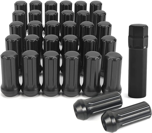 MIKKUPPA 32PCS 9/16-18 Lug Nuts - 7/8" Hex, 2" Tall, 0.91" Wide - Replacement for 2002-2010 Dodge Ram 1500, 1994-2010 Dodge Ram 2500, 2015-2017 Ford F-150 Aftermarket Wheel - Black Splined Lug Nuts