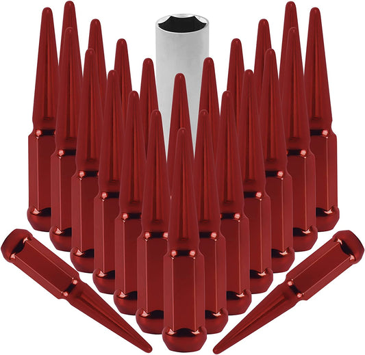 MIKKUPPA M14x 1.5 Spike Lug Nuts - 24pcs Red 14mmx1.5 Spiked Lug Nut - Soild 4.4" Tall, Acorn Lug Nut with 1 Socket Key - Replacement for 95-20 Chevy Silverado 1500, 97-20 GMC Sierra 1500