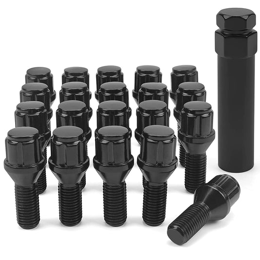 MIKKUPPA 12x1.5 Lug Bolts with Socket Key - Black M12x1.5 Spline Lug Nuts Bolts with 24mm Shank Replacement for BMW 320i 325i 328i 335i 528i 530i E36 E46 E60 E90 E92 E93 Aftermarket Wheels (20 Pack)