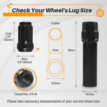 MIKKUPPA 16pcs Black Spline Lug Nuts - ATV 3/8-24 Threads - 1.4 inch Length - Compatible with Polaris Ranger Sportsman 400/500/570/600/700/800 - Includes Socket Key Tool