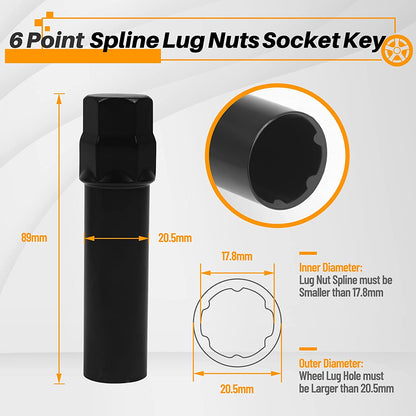 MIKKUPPA 2pcs 6 Point Spline Lug Nuts Socket Key Tool - for 17.6mm Inner Diameter - Compatible with 19mm (3/4) and 21mm (13/16) Replacement Spline Socket