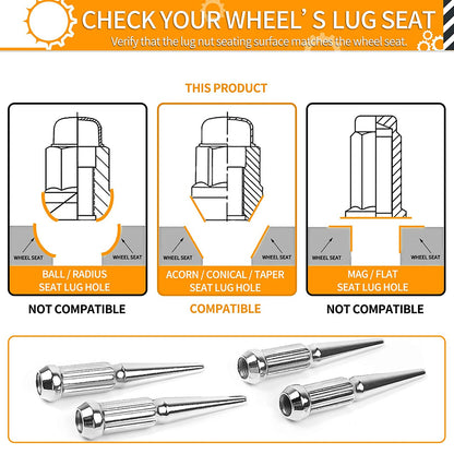 MIKKUPPA M14x1.5 Wheel Spike Lug Nuts, 24pcs Chrome Spike Lug Nuts 14x1.5 Solid 4.4" Tall Acorn Lug Nut with 1 Socket Key Replacement for Chevy Silverado 1500 2500 3500, F-150 F-250 F-350