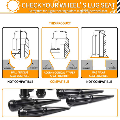 MIKKUPPA M14x1.5 Wheel Spike Black Lug Nuts, 32pcs Black Spike Lug Nuts 14mmx1.5 Solid 4.4" Tall Acorn Lug Nut with 1 Socket Key Replacement for Chevy Silverado 1500 2500 3500, F-150 F-250 F-350