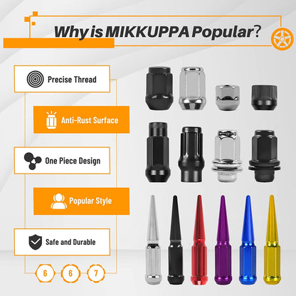 MIKKUPPA M14x1.5 Wheel Spike Lug Nuts, 32 PCS Chrome Spiked Lug Nuts 14mmx1.5 Solid 4.4" Tall Acorn Lug Nut with 1 Socket Key Replacement for Chevy Silverado 1500 2500 3500, F150 F250 F350