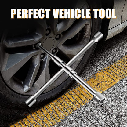 MIKKUPPA 4 Way Folding Lug Wrench - Universal 14 Inch Tire Cross Collapsible Tire Iron 4 Way Sliding Wheel Lug Nut Wrench for Cars, Trucks, SUVs and RVs